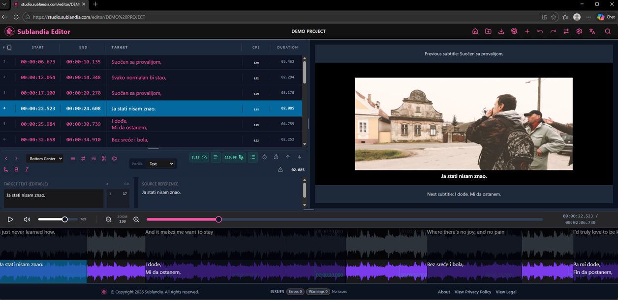 Sublandia Editor running in browser with local subtitle processing and secure file handling