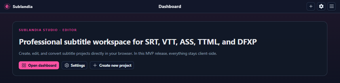 Sublandia Editor dashboard page for starting a new subtitle project