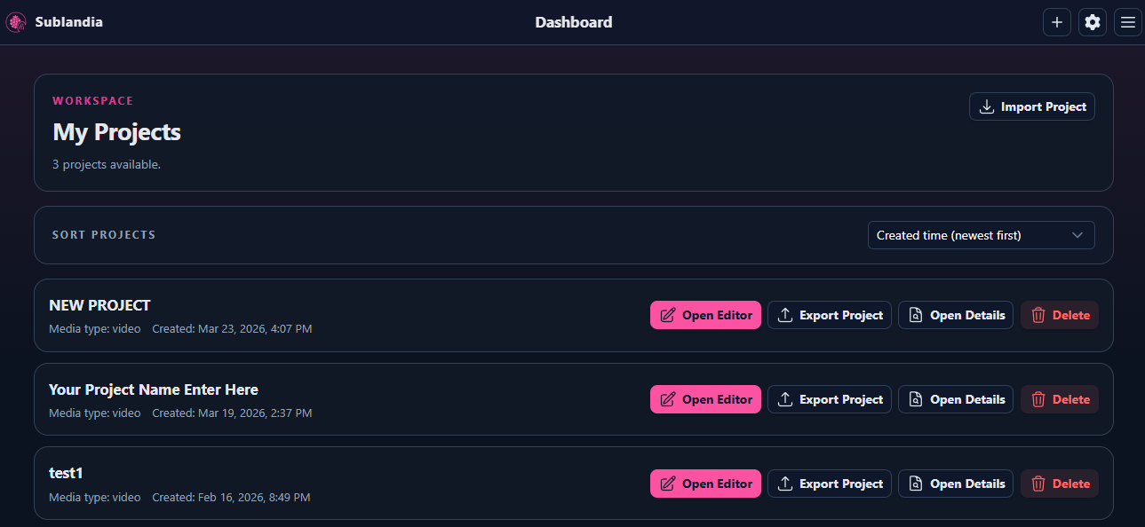Opened subtitle project in Sublandia Editor ready for subtitle editing