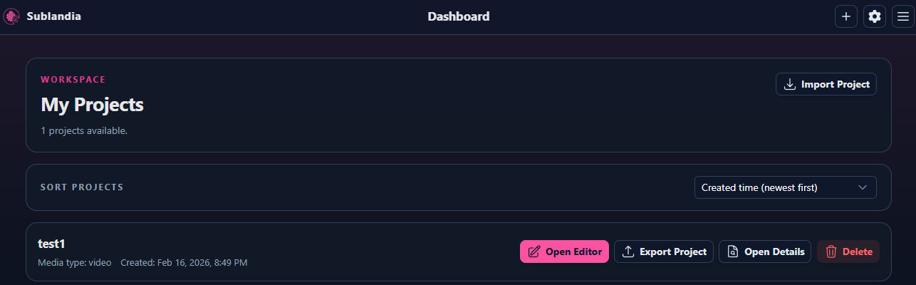 Selecting an existing subtitle project from the project list in Sublandia Editor