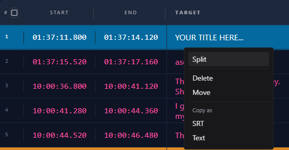 Splitting subtitle line from subtitle table in Sublandia Editor