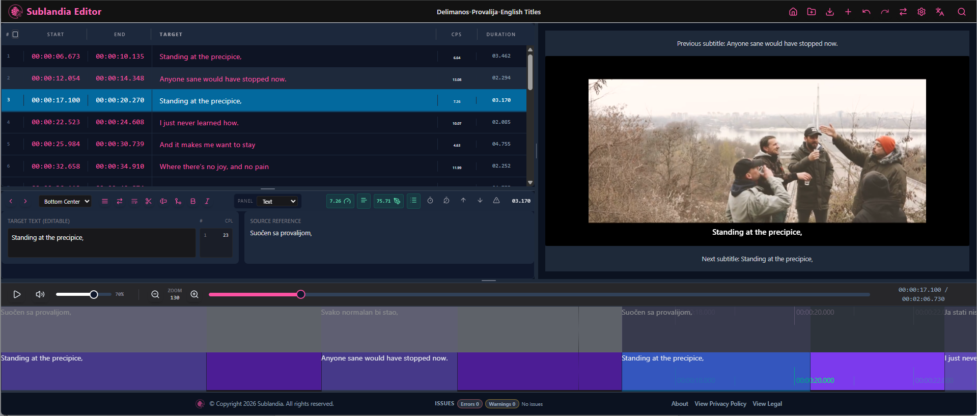 Sublandia editor workspace with subtitles being edited